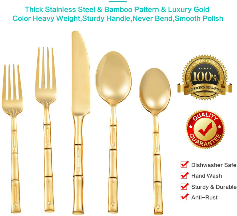 Flatasy Flatware Set Gold Silverware Set with Bamboo Pattern Mirror Polished 20 Pieces Cutlery Set Housewarming Wedding Gift Service for 4 Home & Garden > Kitchen & Dining > Tableware > Flatware > Flatware Sets Flatasy   