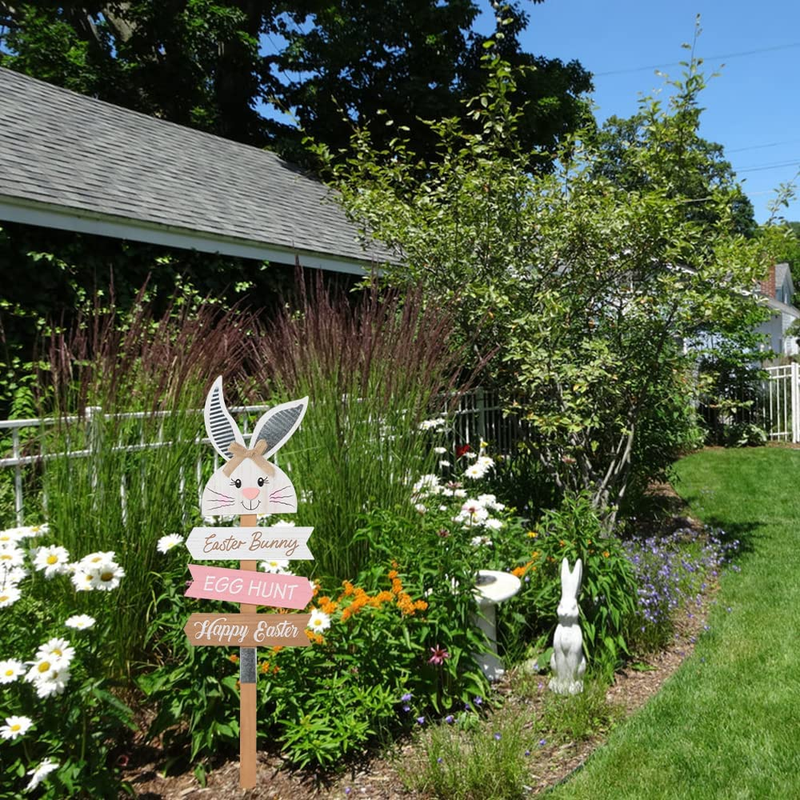 DECSPAS Easter Decorations for the Home, 37" Decorative Garden Stakes White Easter Bunny Farmhouse Easter Outdoor Garden Decor, Easter Bunny Egg Hunt Happy Easter Sign for Outside, Yard Home & Garden > Decor > Seasonal & Holiday Decorations DECSPAS   