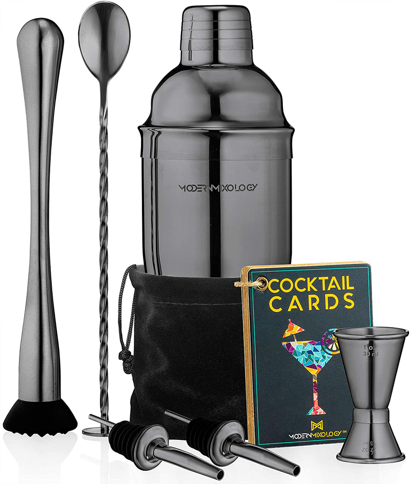 Cocktail Shaker Set Drink Mixer // 8-piece Portable Bartender Kit with 24oz Martini Shaker Bar Tool Set // 2 Pourers // Muddler // Jigger // Mixing Spoon // Velvet Bag // Built-in Strainer (Silver)
