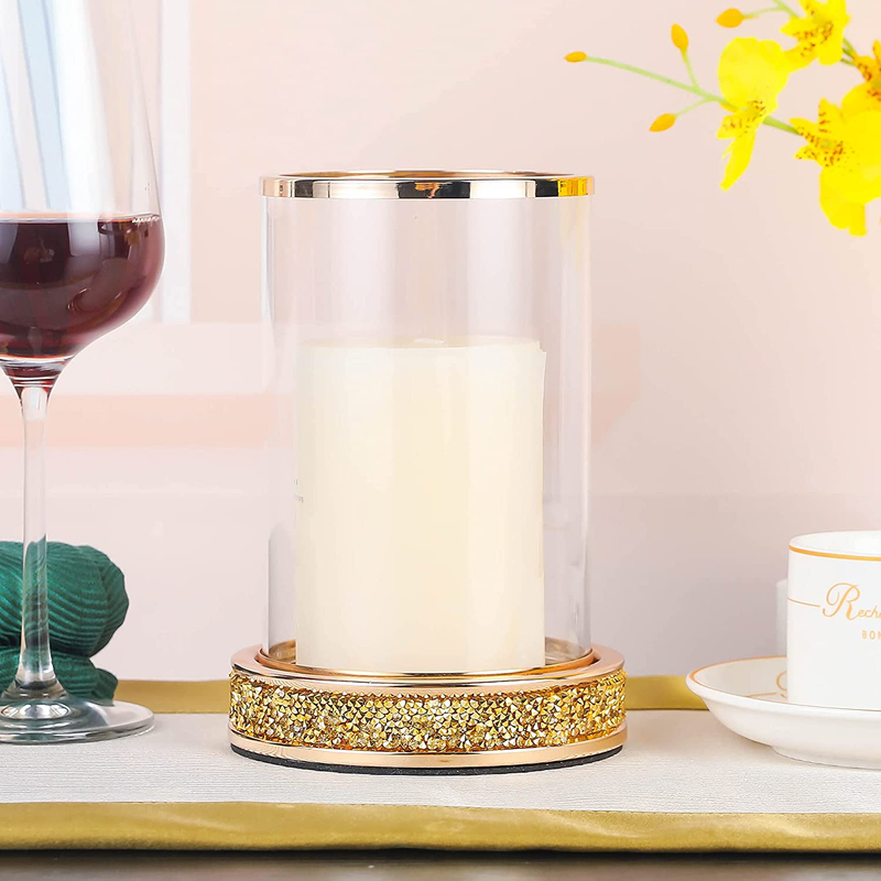 Pillar Candle Holders,Candlesticks Holder with Glass Hurricane Lid,Metal Candle Holder for Coffee Dining Table, Wedding, Christmas, Halloween, Home Decoration 2 Pieces a Set Gold YL001G Home & Garden > Decor > Home Fragrance Accessories > Candle Holders Hanjue   
