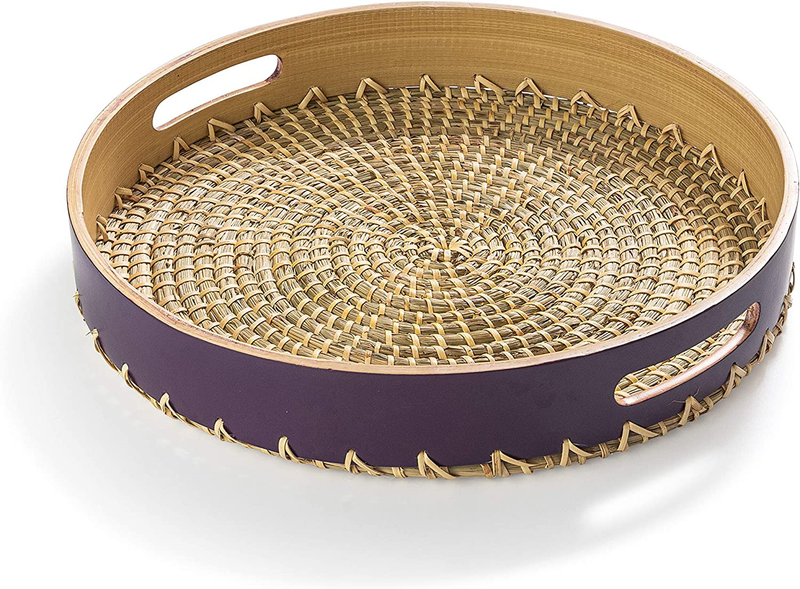 KAMEL BINKY Round Serving Tray | Bamboo Seagrass Rattan | Wicker Woven | Decorative for Coffee Table Ottoman | Built-in Handles | 13.8 inch x 2 inch | Violet Natural Rattan Strings