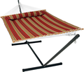 Sunnydaze 2-Person Double Hammock with 12-Foot Portable Steel Stand & Spreader Bars, Quilted Fabric Bed, Sandy Beach Home & Garden > Lawn & Garden > Outdoor Living > Hammocks Sunnydaze Red Stripe  