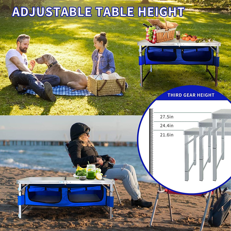 Folding Camping Table with Storage - Portable Outdoor Aluminum Picnic Tables with Organizer and 2 Chairs, 3 Adjustable Heights, Lightweight Dining Table for Camp Beach Party BBQ