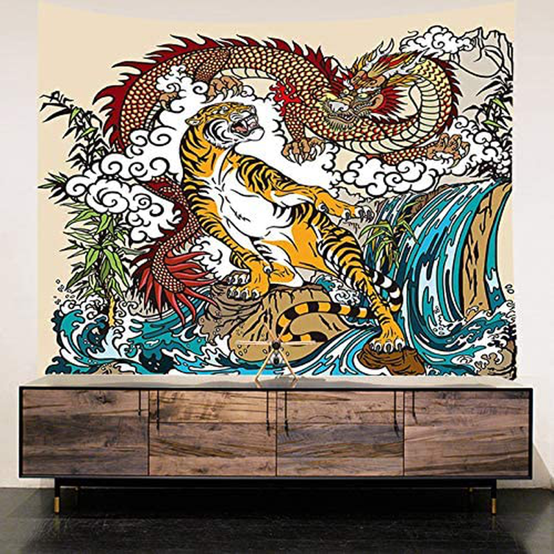 JAWO Asian Tapestry, Chinese Dragon and Tiger in The Landscape with Waterfall Wall Tapestry, Wall Art Hanging for Bedroom Living Room Dorm 71X60Inches Home & Garden > Decor > Artwork > Decorative Tapestries JAWO   