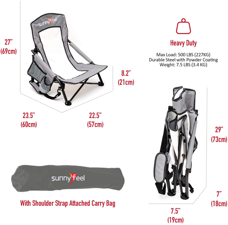 Sunnyfeel Low Camping Chair, Lightweight Portable Folding Chair with Mesh Back, Cup Holder&Side Pocket for Beach/Lawn/Outdoor/Travel/Picnic/Concert, Foldable Camp Chair with Carry Bag (2Pcs Grey)