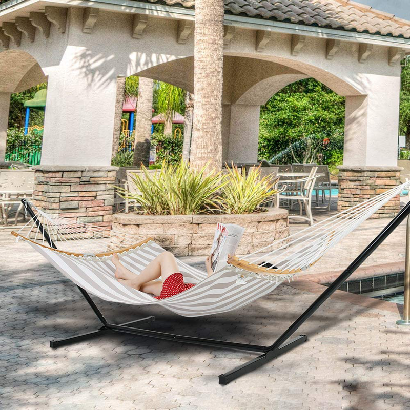 Patio Watcher 12 Feet Steel Stand with Quick Dry Hammock Curved Bamboo Spreader Bar Hammock for Outdoor Patio Yard 2 Storage Bags Included