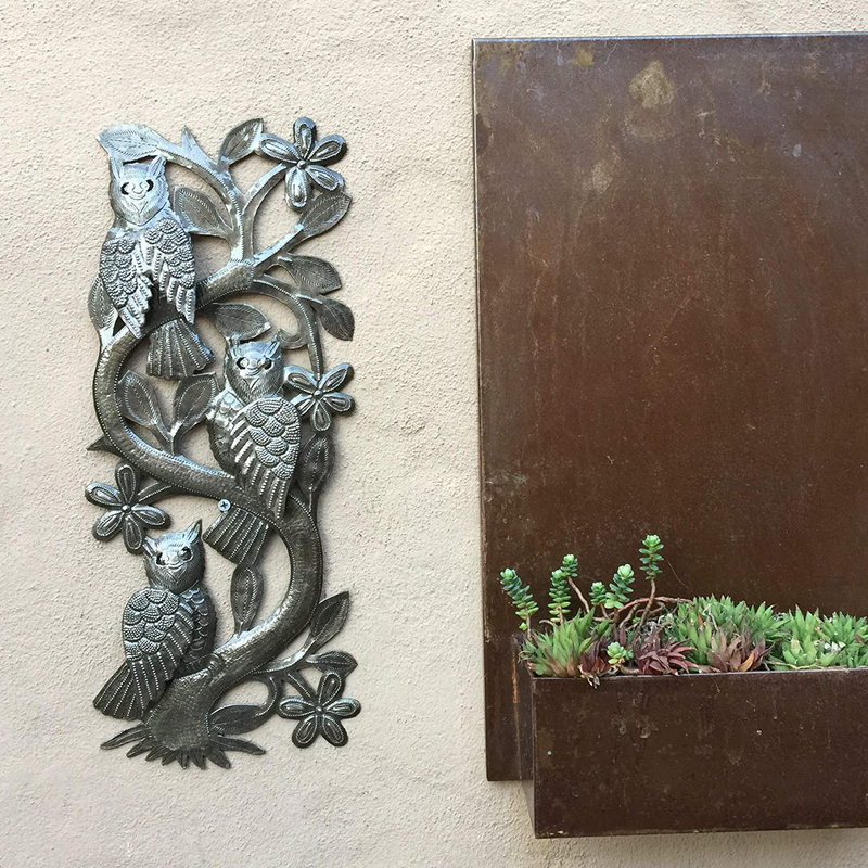 Decorative Owls, Three Owls in a Tree, Fall Garden Wall Hanging Plaques from Haiti, Handmade from Recycled Steel Barrels 7 x 18 Inches Home & Garden > Decor > Artwork > Sculptures & Statues It's Cactus   