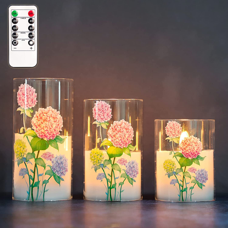 SILVERSTRO Flameless Candles Blinks with Remote, Love Theme LED Candles, Rose Series Glass Pillar Candles for Home Party Wedding Christmas Decor - Set of 3 Home & Garden > Decor > Seasonal & Holiday Decorations Silverstro Hydrangea Theme  