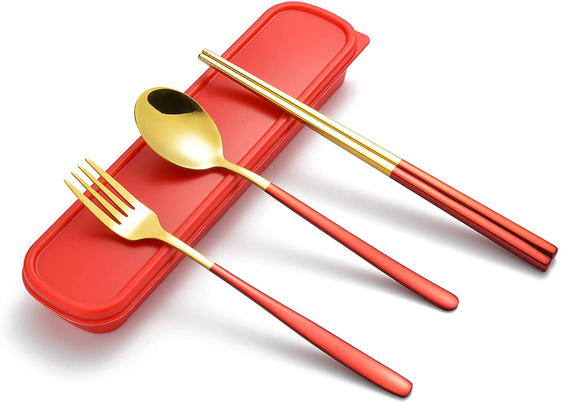 Portable Silverware Set Single Flatware with Case Reuseable Cutlery Spoon,Fork,Chopstick Stainless Steel To Go Utensils for Lunch,Travel,Camp (Green Gold) Home & Garden > Kitchen & Dining > Tableware > Flatware > Flatware Sets Rasback Red Gold  