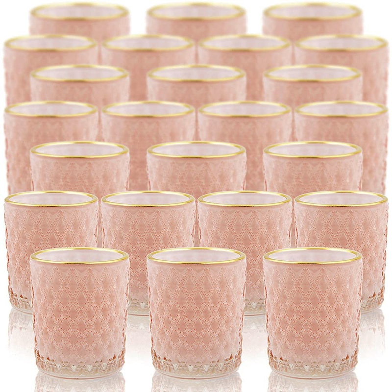 SHMILMH Pink Glass Candle Holder with Gold Rim Set of 24, Tealight Holders Bulk, Votive Candle Holders, Tea Candle Holder for Table Centerpiece, Wedding, Birthday Decoration, Home Decor