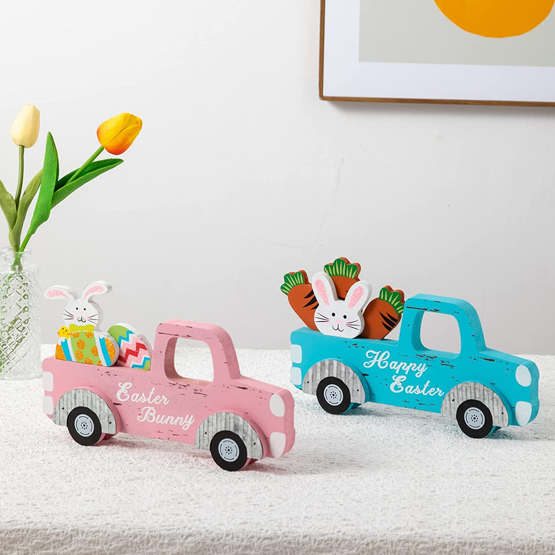 DECSPAS Easter Decorations for the Home, 2 PCS Pink and Blue Wood Car Easter Decor, "Happy Easter" "Easter Bunny" Sign Farmhouse Easter Table Decor, Eggs Chick Carrots Bunny Ornaments Tiered Tray Decor Home & Garden > Decor > Seasonal & Holiday Decorations DECSPAS   