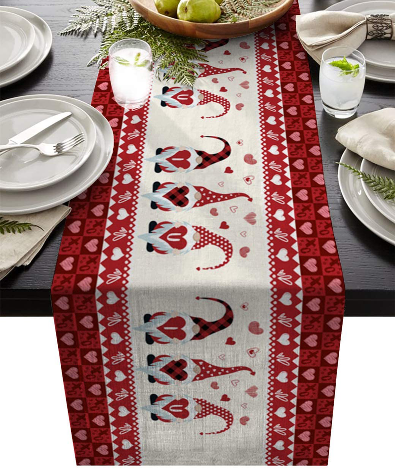 Linen Burlap Table Runner 13X90 Inch, Happy Valentine'S Day Cute Gnomes Hold Heart Red Plaid Non-Slip Farmhouse Kitchen Table Runners Dresser Scarves for Family Dinner Wedding Holiday Party Decor Home & Garden > Decor > Seasonal & Holiday Decorations FAMILYDECOR 13"x70"  