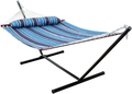 SUNLAX Hammock with Stand Included 12.5FT Portable Steel Stand and Spreader Bar, Detachable Pillow, Quilted Fabric Swing, Blue and Aqua Stripes Home & Garden > Lawn & Garden > Outdoor Living > Hammocks SUNLAX Horizon Blue Hammock with Stand 