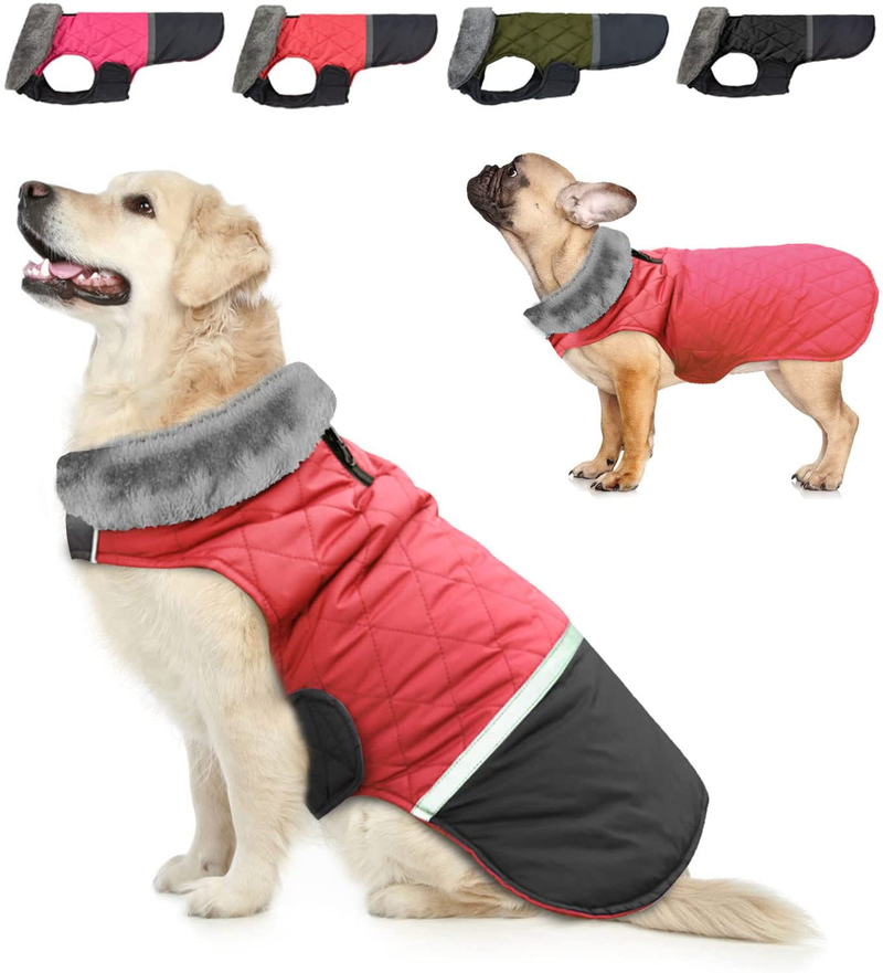 Dogcheer Fleece Collar Dog Coat, Reversible Winter Dog Clothes Warm Christmas Pet Jacket for Cold Weather, Waterproof Puppy Vest Apparel for Small Medium Large Dogs Animals & Pet Supplies > Pet Supplies > Dog Supplies > Dog Apparel Dogcheer Red S(Chest Girth 15.5-18"/39-45.5cm) 