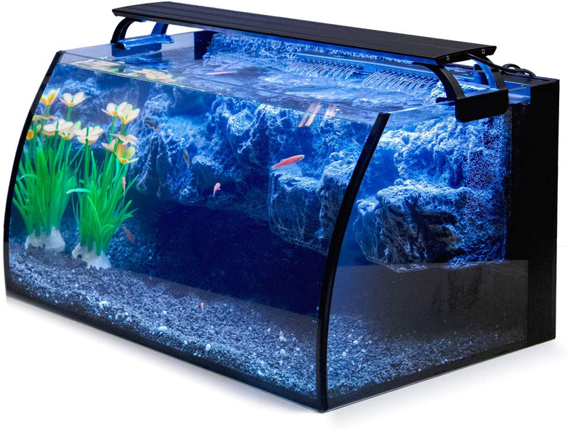 Hygger Horizon 8 Gallon LED Glass Aquarium Kit for Starters with 7W Power Filter Pump, 18W Colored led Light, Wide View Curved Shape Fish Tank with Undetachable 3D Rockery Background Decor