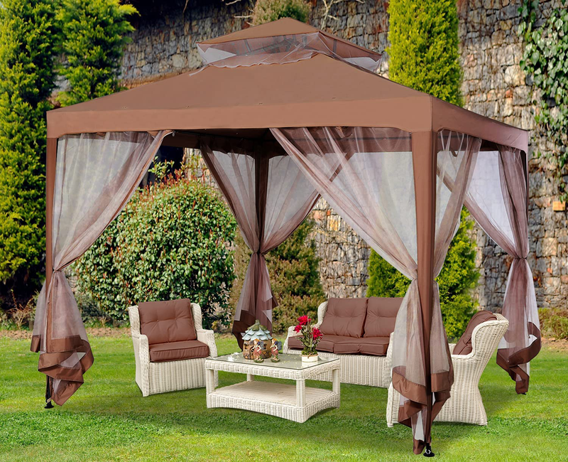MASTERCANOPY Patio Gazebo 10'x10' Pop-Up Gazebo Tent Instant with Mosquito Netting Outdoor Gazebo Canopy Shelter with 100 Square Feet of Shade (Brown)