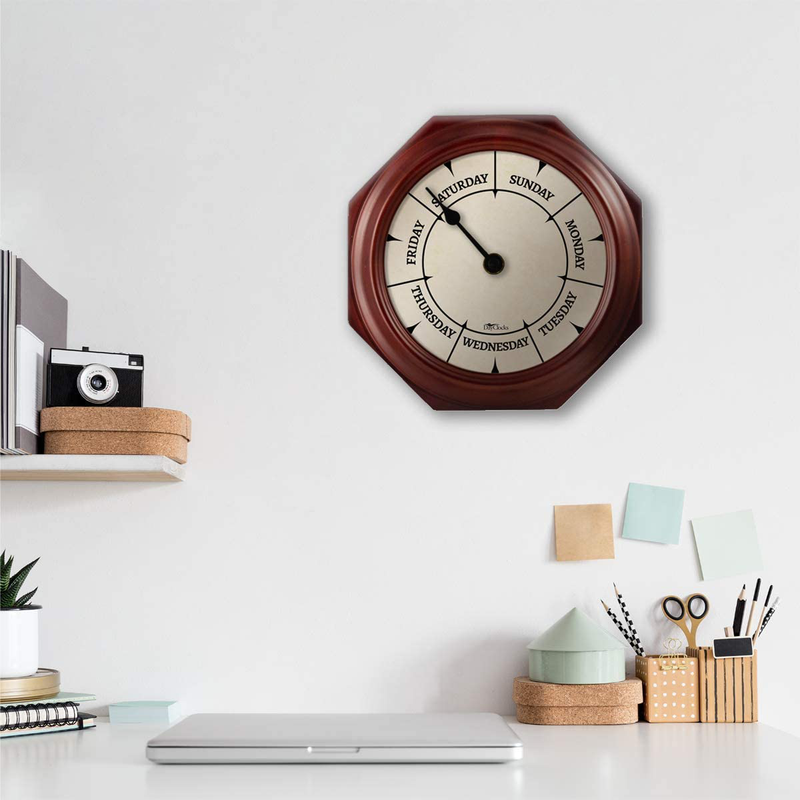 DayClocks Classic Day-of-The-Week Wall Clock with Solid Wood-Octagonal Frame – Weekly Clock with Noon & Midnight Markers – Quiet Wall Mounted Clock - Ideal Retirement Gift for Men & Women