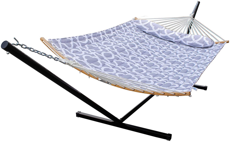HENG FENG 2 Person Double Hammock with 12 Foot Portable Steel Stand and Curved Bamboo Spreader Bars, Detachable Pillow, Quilted Fabric Bed, Blue & Aqua Home & Garden > Lawn & Garden > Outdoor Living > Hammocks HENG FENG Grey Hammock with Stand 