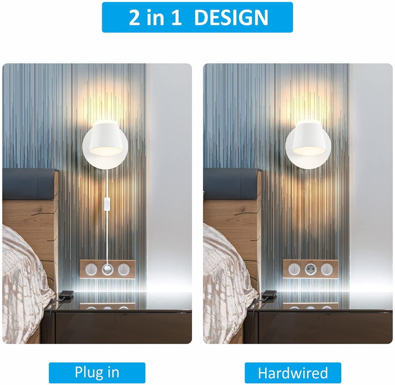 DASTOR Modern LED Bedside Wall Lamps Set of 2, 9W 3000K Warm White up and down Wall Sconces with Plug in Cord, 350° Rotatable Wall Mounted Light Fixture for Bedroom Living Room