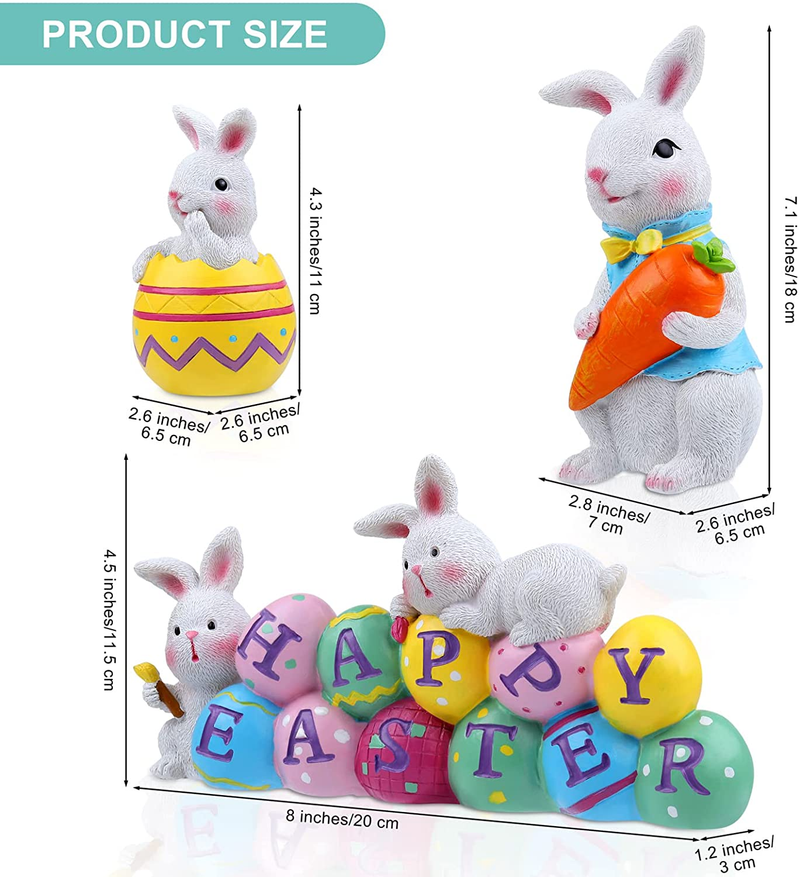 Fovths 3 Pieces Easter Table Decor Happy Easter Resin Bunnies Egg Tabletopper Ornaments Cute Spring Rabbit Statue Centerpieces Decor for Party Home Holiday Decoration
