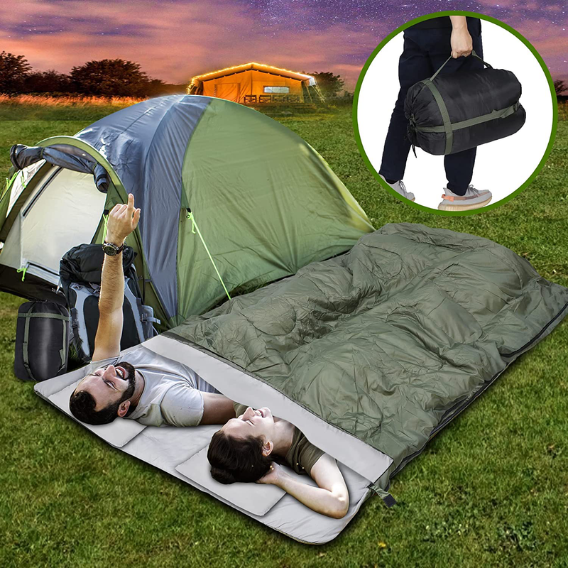 F2C Double Sleeping Bag with 2 Pillows & Storage Bag, Lightweight Waterproof Warm Cold Weather for Camping, Backpacking, Queen Size XL for 2 People, Adults or Teens