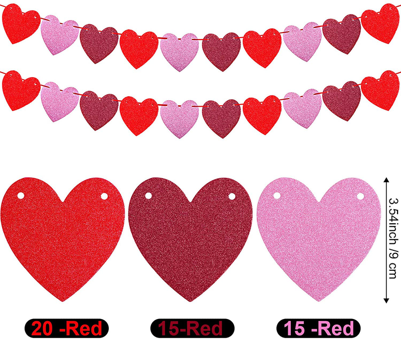 Ruisita 5 Strings Pre-Strung Valentine'S Day Glittering Heart Banner No DIY Paper Heart Garland Decorations for Valentine Decor, Anniversary Party Supplies (Burgundy, Red, Pink)