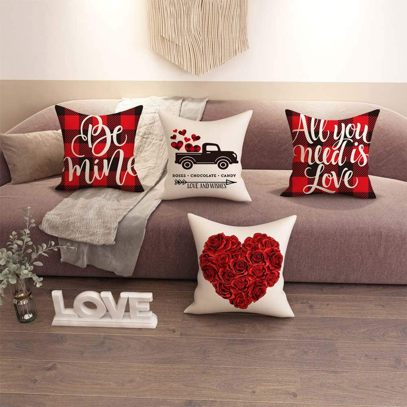 FIBEROMANCE Valentines Pillow Covers 18 X 18 Inch Red and Black Buffalo Check Plaid Love Decorative Cushion Case for Sofa Couch Bedroom Spring Home Decor Cotton Pillowcase Set of 4 Home & Garden > Decor > Chair & Sofa Cushions FIBEROMANCE   