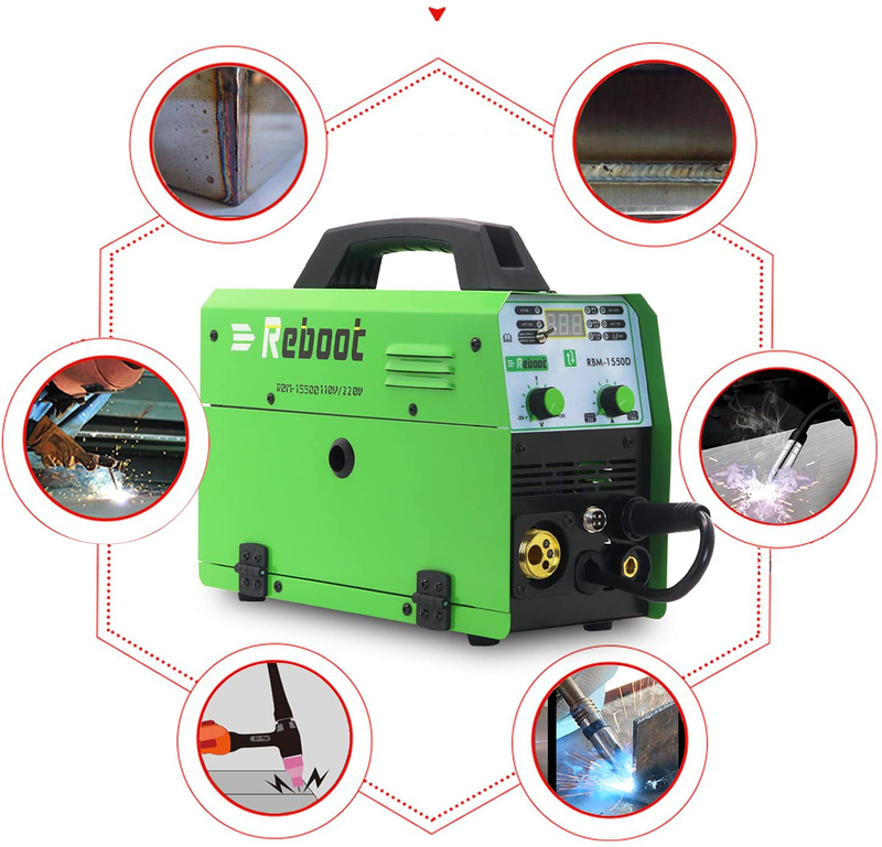 Reboot MIG Welder Flux Core 5 in 1 110/220V MIG155D Gas/Gasless 155 Amp Spool Gun Available Stick Mig TIG Welding Machine Solid Wire Automatic Feed Inverter MMA ARC Welding Hardware > Tool Accessories > Welding Accessories Reboot   