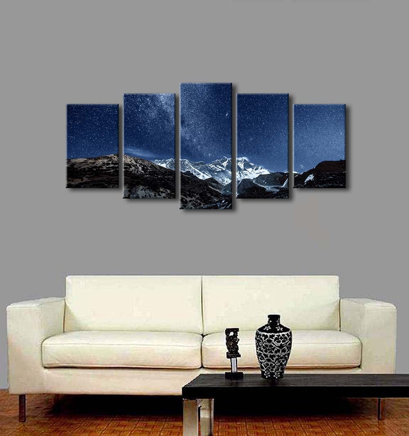 Pyradecor Blue Giclee Canvas Prints Wall Art Starry Night Sky over Snowy Mountain Pictures Paintings for Living Room Bedroom Home Office Decorations 5 Piece Modern Milky Way Landscape Romance Artwork Home & Garden > Decor > Artwork > Posters, Prints, & Visual Artwork Pyradecor   