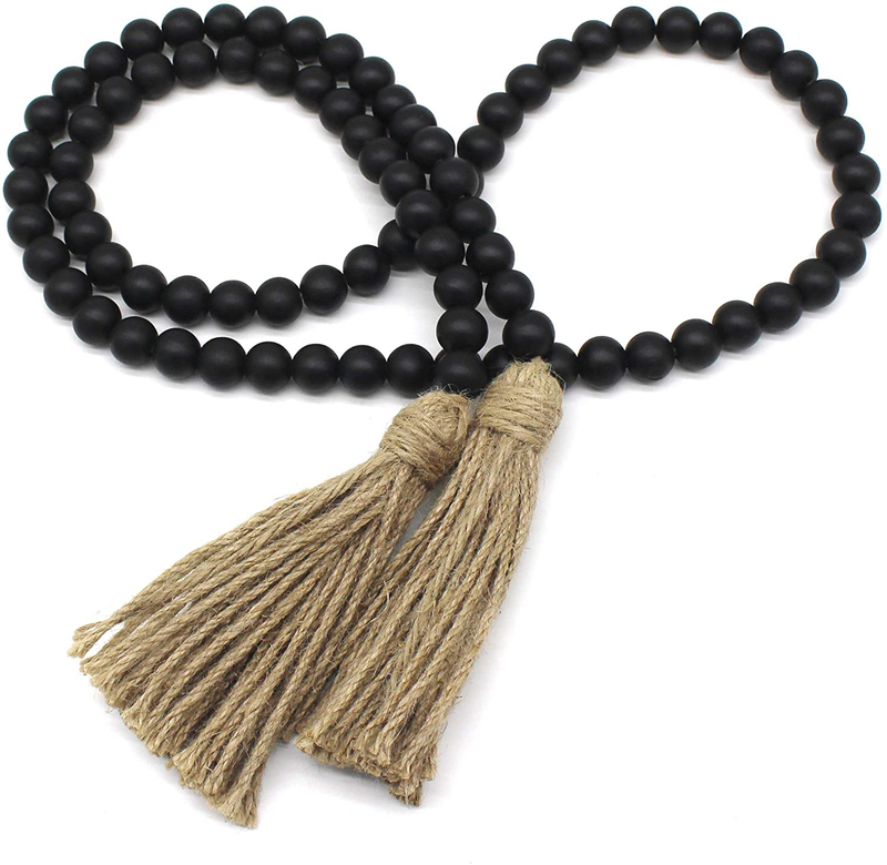 CVHOMEDECO. Wood Beads Garland with Tassels Farmhouse Rustic Wooden Prayer Bead String Wall Hanging Accent for Home Festival Decor. Black Home & Garden > Decor > Seasonal & Holiday Decorations CVHOMEDECO. Black  