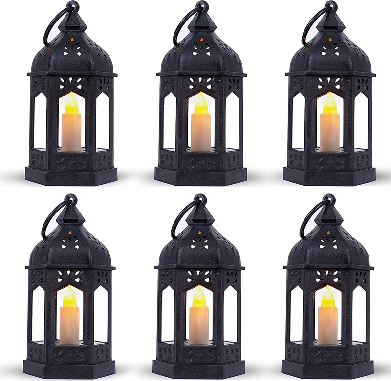 SHYMERY Mini Lantern with Flickering LED Candles,Vintage Black Decorative Hanging Candle Lanterns for Halloween,Wedding Decorations,Christmas,Table Centerpiece,Battery Included（Set of 6） Arts & Entertainment > Party & Celebration > Party Supplies SHYMERY Set of 6  