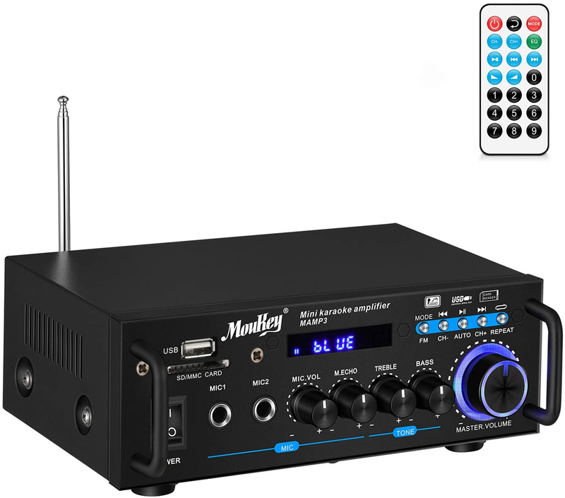 Moukey Bluetooth 5.0 Home Audio Power Stereo Amplifier for Speakers - Portable 2 Channel Stereo Desktop Amp Receiver with FM Radio, MP3/USB/SD Readers, 2 Mic Input, Remote (Peak Power 100W) Electronics > Audio > Audio Components > Audio Amplifiers Moukey   