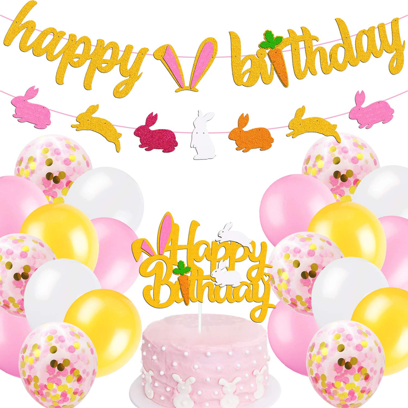 Easter Bunny Birthday Decorations Kit Rabbit Theme Happy Birthday Banner Cake Topper Pink Gold White Latex Balloons for Children Girl 1St 2Nd Bday Happy Easter Festival Spring Party Supplies