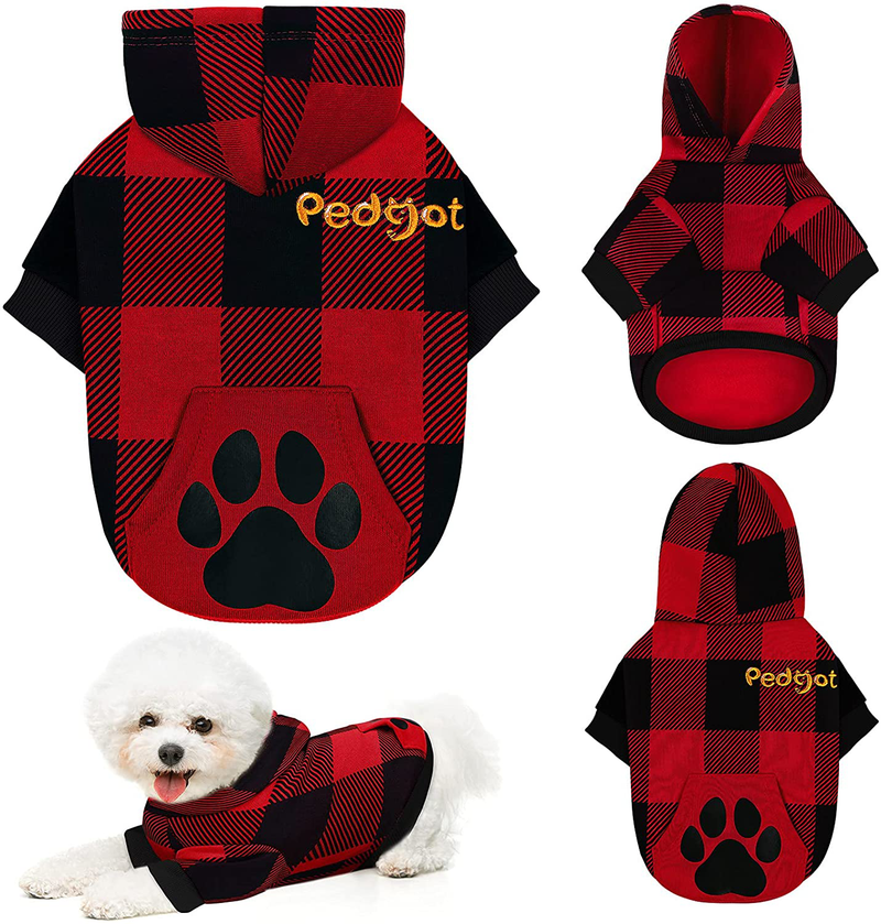 Pedgot Plaid Dog Hoodie Pet Clothes with Hat Pet Sweaters for Dogs Puppies Cats Clothes with Dog Footprints Patterns Pocket, Warm, Soft and Breathable Animals & Pet Supplies > Pet Supplies > Dog Supplies > Dog Apparel Pedgot Red and Black Large 