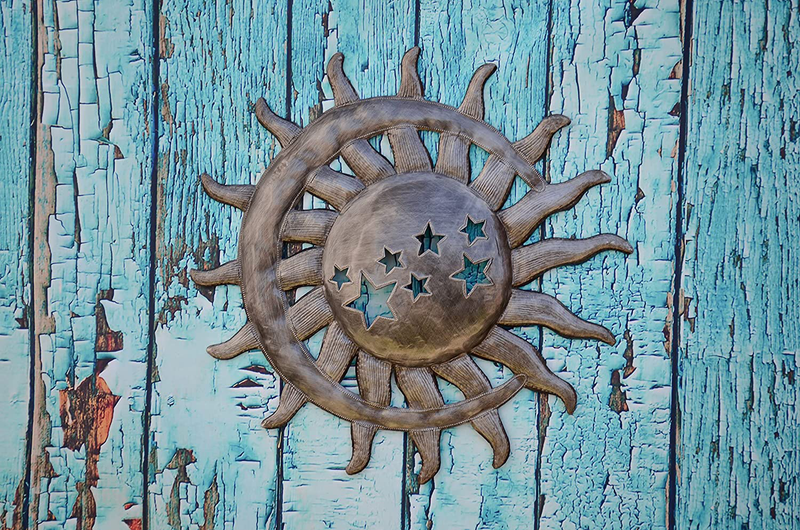 Sun Moon With Stars, Silver Bronze Metal Wall Hanging Art, Haitian Decorative Accents for Your Home 14 In. x 14.5 In. Home & Garden > Decor > Artwork > Sculptures & Statues It's Cactus   