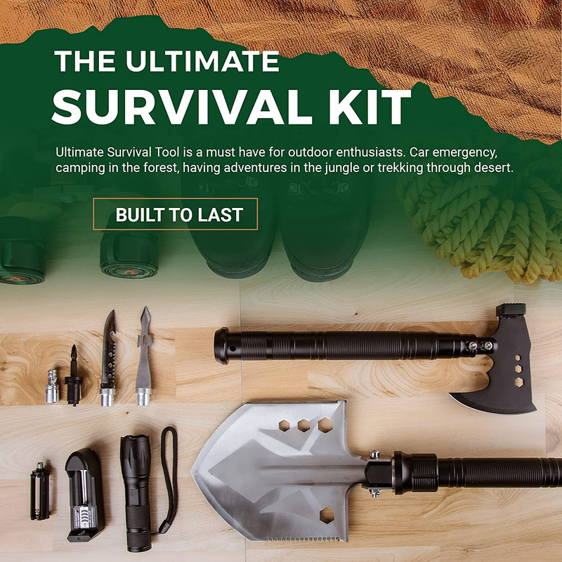 Survival Shovel - Folding Multitool and Carry Case - Extendable Tactical Shovel- Axe Are Great for Camping, Hiking, Utility Camp Tool- Shovel, Axe, Saw, Flashlight -Shovel Is 39" When Fully Extended