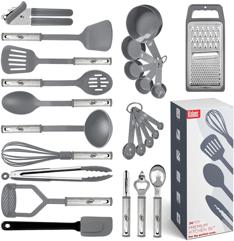 Kitchen Utensil Set 24 Nylon and Stainless Steel Utensil Set, Non-Stick and Heat Resistant Cooking Utensils Set, Kitchen Tools, Useful Pots and Pans Accessories and Kitchen Gadgets (Black) Sporting Goods > Outdoor Recreation > Camping & Hiking > Camping Tools Kaluns Gray 24 Pcs. 