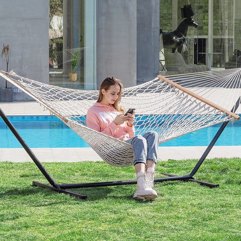 PNAEUT Max 475lbs Capacity Double Hammock with Stand Included 2 Person Heavy Duty Traditional 2 People Rope Hammocks Stand with Pillow for Outside Porch Patio Garden Backyard Outdoor ( Burlywood ) Home & Garden > Lawn & Garden > Outdoor Living > Hammocks PNAEUT   