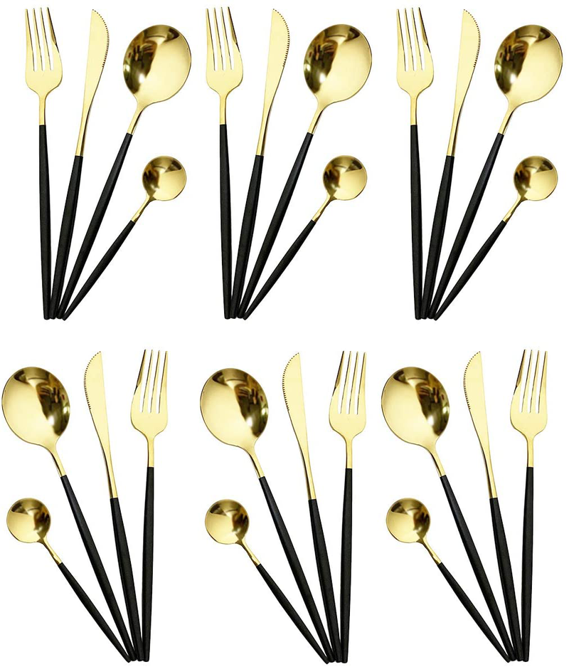 Gugrida 24-Piece Silverware Set - 18/10 Stainless Steel Reusable Utensils Forks Spoons Knives Set, Mirror Polished Cutlery Flatware Set, Great for Family Gatherings & Daily Use (6 set, Black Handle) Home & Garden > Kitchen & Dining > Tableware > Flatware > Flatware Sets Gugrida Black/Gold  