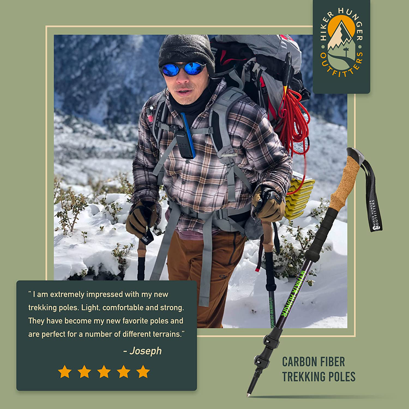 Hiker Hunger Outfitters Carbon Fiber Trekking Poles – Ultralight & Collapsible with Quick Flip-Locks,Cork Grips,Tungsten Tips,Set of 2 Poles - All Terrain Accessories and Carry Bag, Hiking, & Walking Sporting Goods > Outdoor Recreation > Camping & Hiking > Hiking Poles HIKER HUNGER OUTFITTERS   