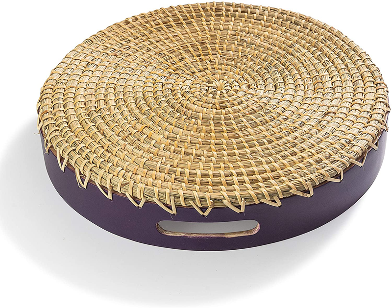 KAMEL BINKY Round Serving Tray | Bamboo Seagrass Rattan | Wicker Woven | Decorative for Coffee Table Ottoman | Built-in Handles | 13.8 inch x 2 inch | Violet Natural Rattan Strings Home & Garden > Decor > Decorative Trays Kamel Binky   
