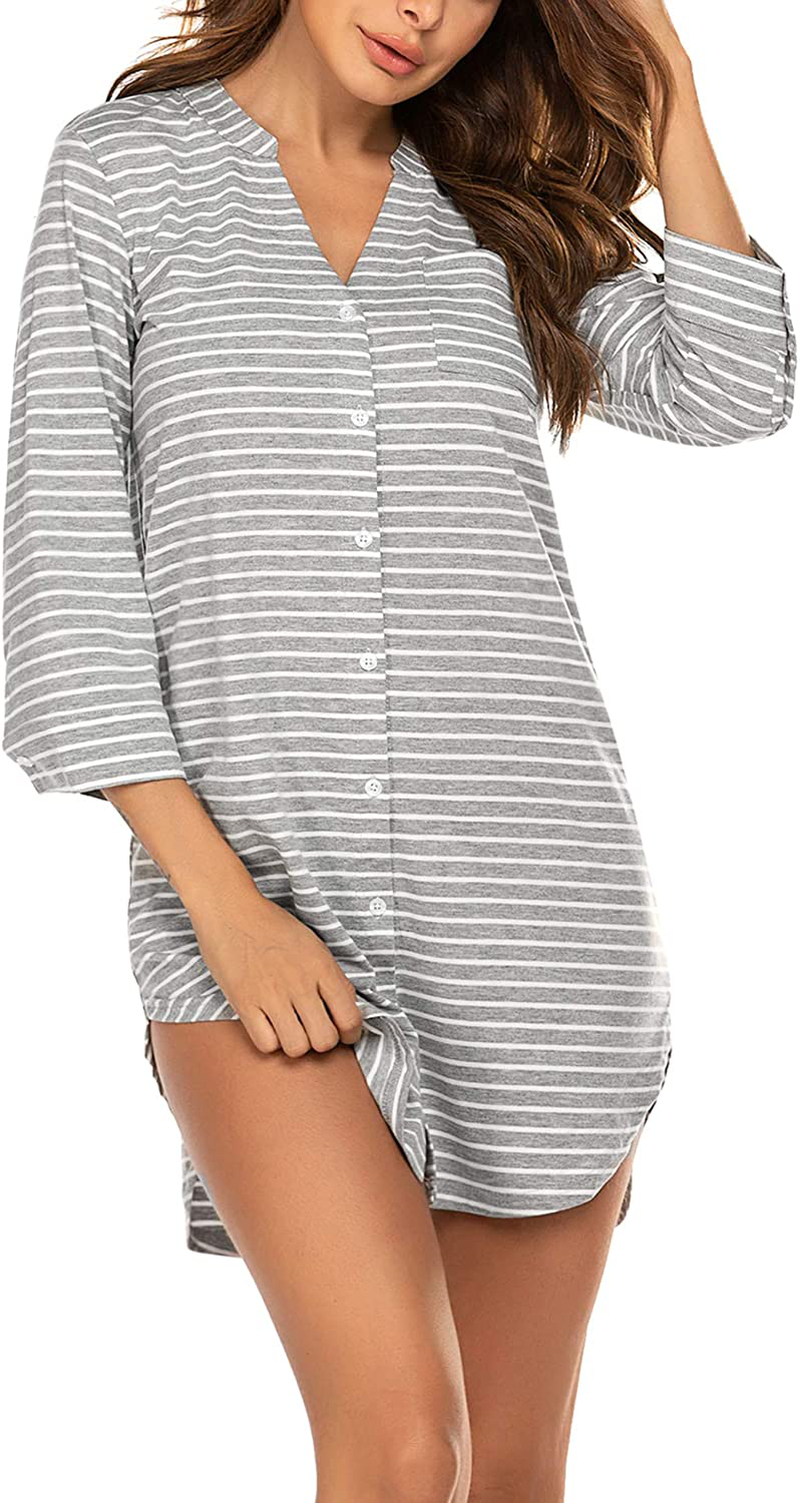 Ekouaer Women'S Nightgown Striped Sleepwear 3/4 Sleeves Nightshirts Soft Button Sleep Dress Home & Garden > Decor > Seasonal & Holiday Decorations Ekouaer   