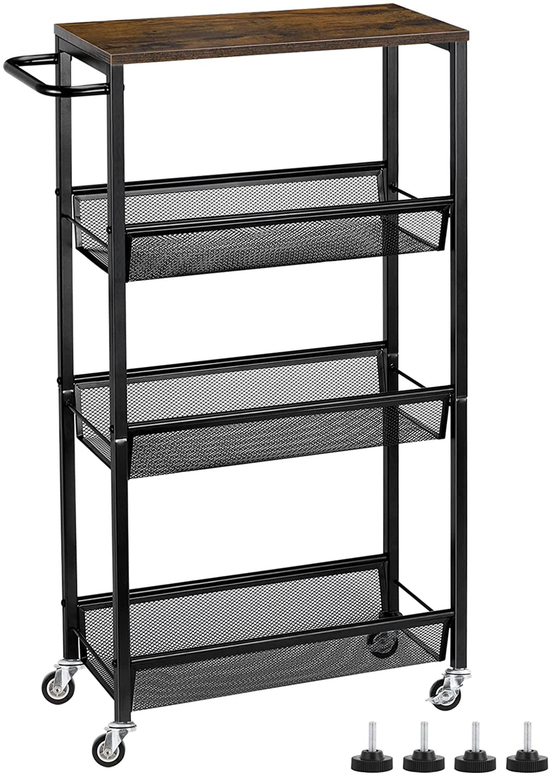 MOOACE Slim Storage Cart, 4 Tier Kitchen Rolling Shelving on Wheels Mobile Utility Cart with Wooden Tabletop for Bathroom, Laundry Narrow Places, 16.6''X 7.3''X 31.1''Inch Home & Garden > Kitchen & Dining > Food Storage MOOACE   