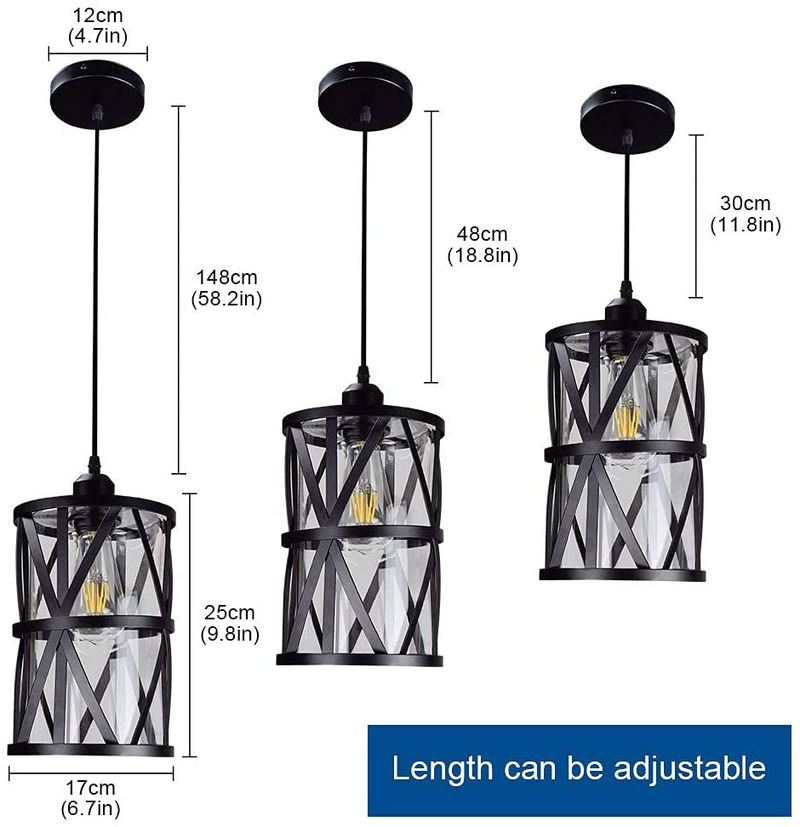DLLT Industrial Pendant Light, Metal Hanging Ceiling Lights Fixture with Clear Glass Shade, Flush-Mount Swag Lighting for Kitchen/Dining Room/Hallway/Bedroom, E26 Base (Black)