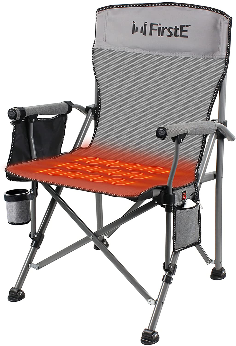 Firste Heated Camping Chair, Heavy Duty Folding Camp Chair, Padded Hard Arm Sports Chair for Beach,Lawn,Picnic. USB Heated Portable Chair with Large Travel Bag,Pockets,Cup Holder, Battery Not Included