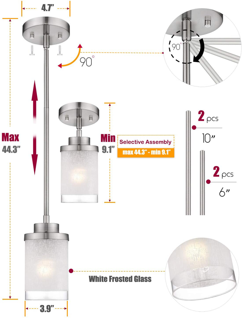 Jazava Modern Mini 1-Light Pendant, 2Pack Industrial Hanging Ceiling Light Fixture, Adjustable Length, Brushed Nickel Finish with White Linen Frosted and Clear Glass Shades Home & Garden > Lighting > Lighting Fixtures JAZAVA   