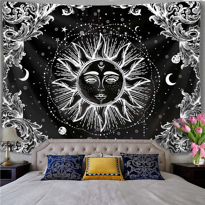 Funeon Black and White Sun Tapestry for Bedroom Bohemian Mandala Tapestry Wall Hanging Moon Stars Tapistry Dorm Decoration for College Girls | Cute Dark Tapistry Psychedelic Wall Decor 51x60 inches Home & Garden > Decor > Artwork > Decorative Tapestries Funeon   