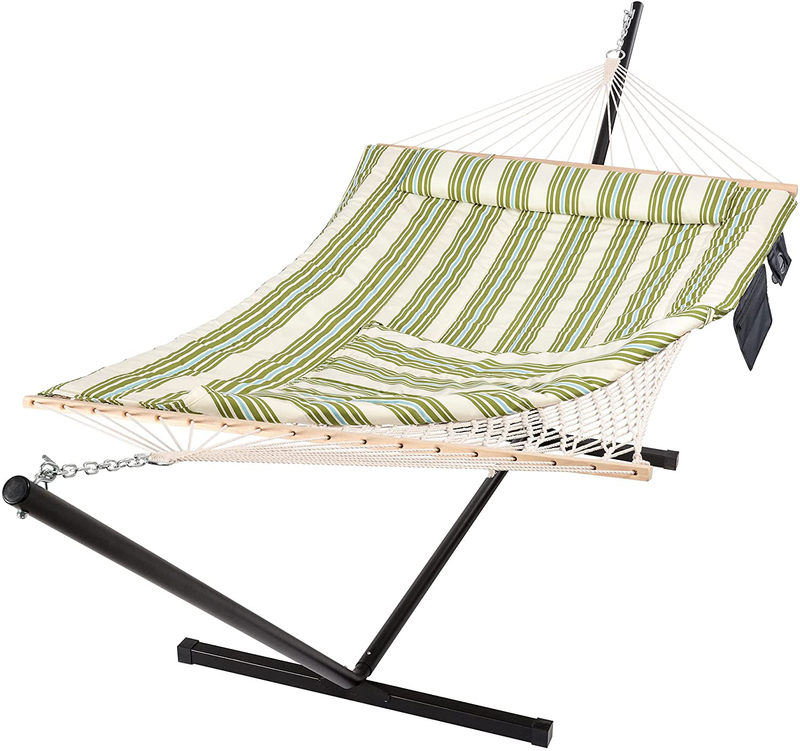 SUNCREAT Outdoor Double Hammock with Stand, Two Person Cotton Rope Hammock with Polyester Pad, Circle Pattern Home & Garden > Lawn & Garden > Outdoor Living > Hammocks SUNCREAT Green&beige  
