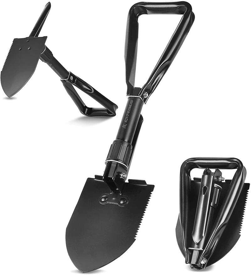 Extremus Trench Folding Camping Shovel, Military Emergency Shovel, Firefighting Shovel, Trenching Tool, Portable Shovel, Great for Backpacking, Carbon Steel Handle and Blade, Folds to 8”, Storage Bag.