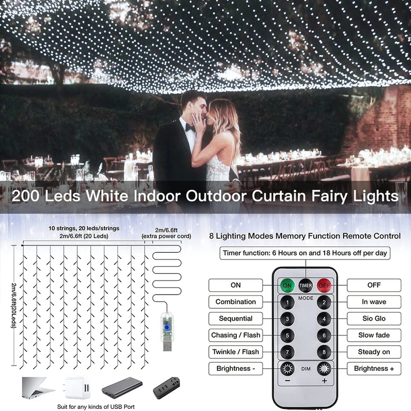 Ollny Curtain Christmas Lights Fairy String Twinkle Lights 6.6FT 8 Lighting Modes USB Remote Dimmable LED Cool White Light for Bedroom Wedding Party Home Thanksgiving Outdoor Indoor Dorm Wall Home & Garden > Decor > Seasonal & Holiday Decorations& Garden > Decor > Seasonal & Holiday Decorations Ollny   